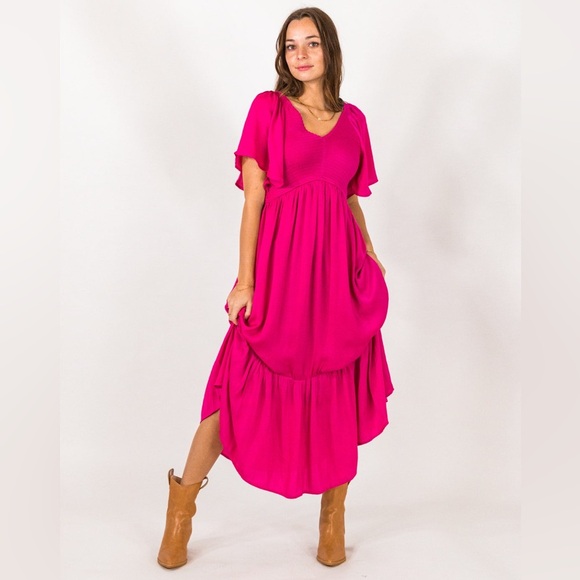 PinkBlush satin Barbie hot pink smocked flutter sleeve midi dress nwot - Picture 3 of 5